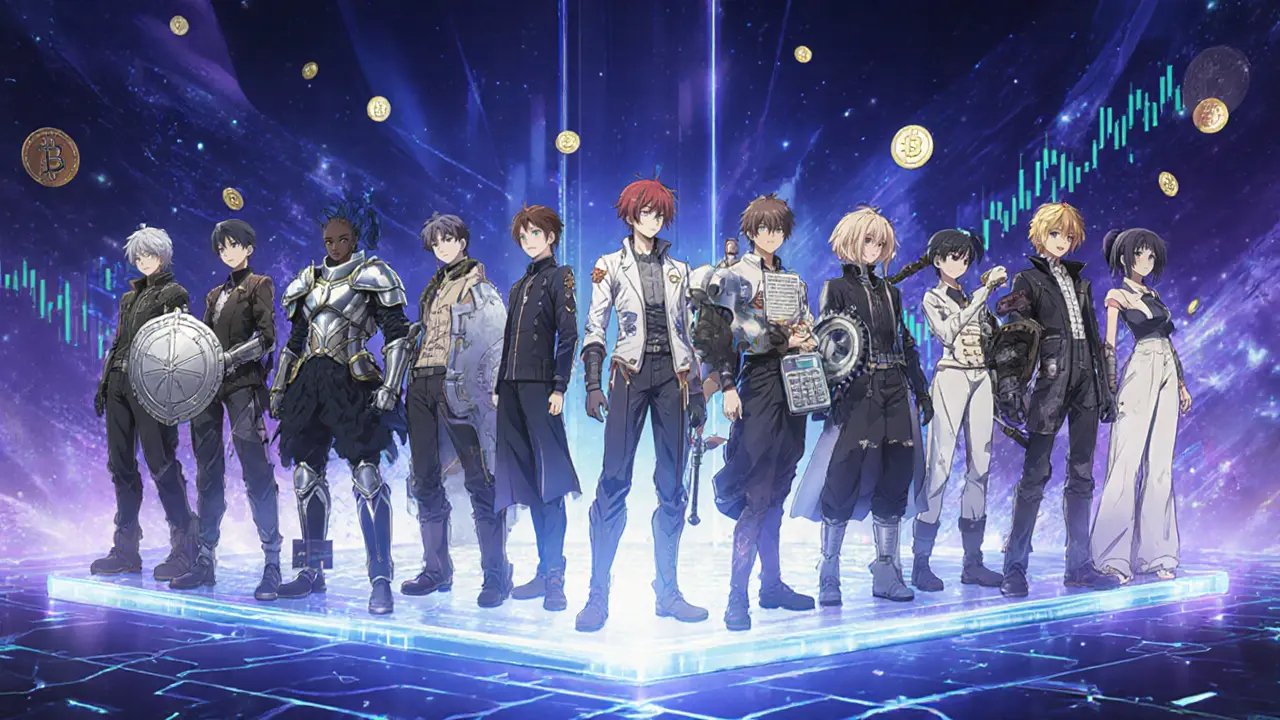 Personajes anime que representan diferentes exchanges de cripto en la India.