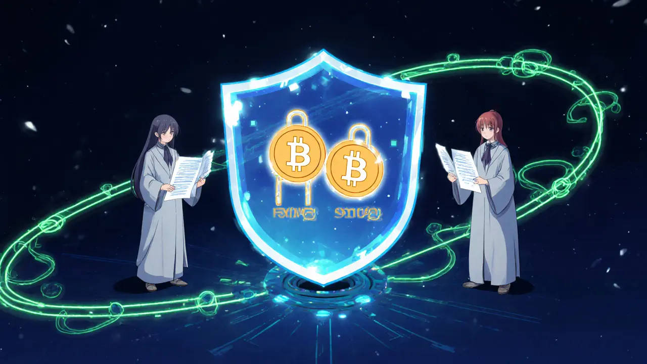 Escena de seguridad con escudo multfirma, árbitros holográficos y circuito Tor.