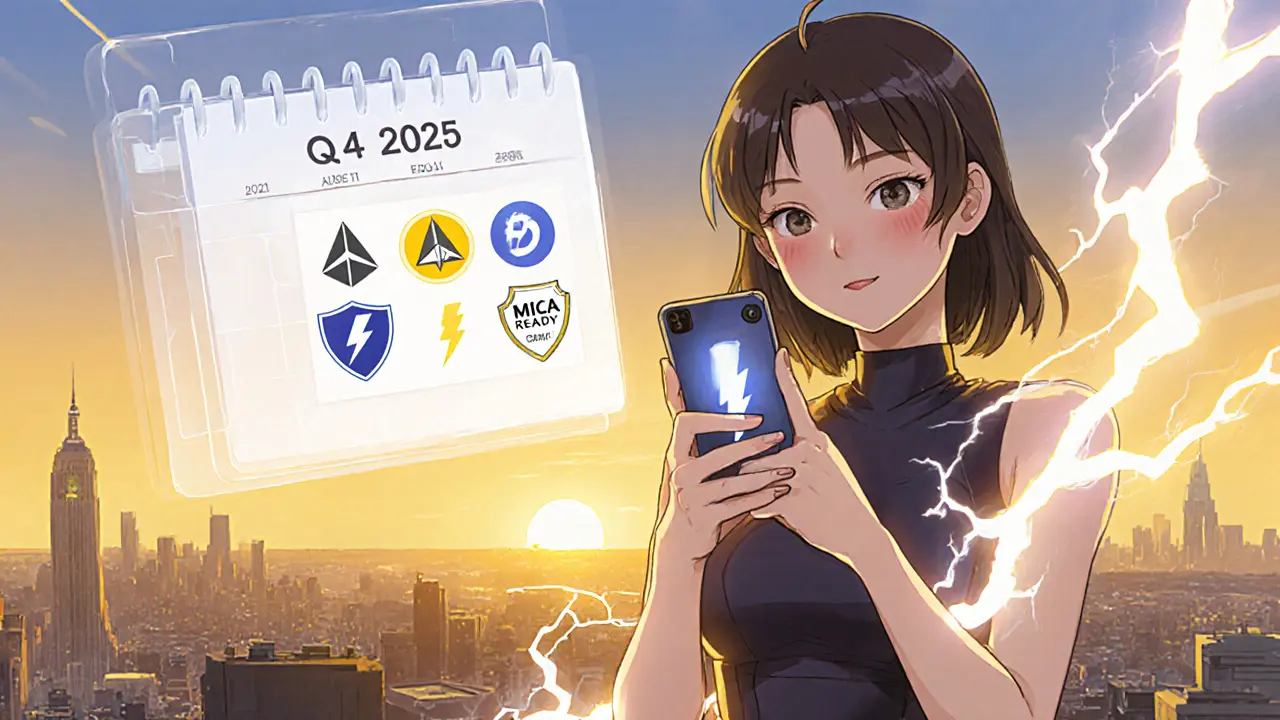 Heroína anime con smartphone, relámpagos y calendario que muestra la hoja de ruta de Bisq.