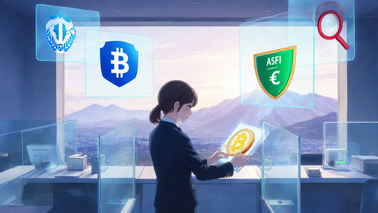 Ilustración anime de un banco boliviano procesando stablecoins bajo supervisión del BCB, ASFI y UFIND.