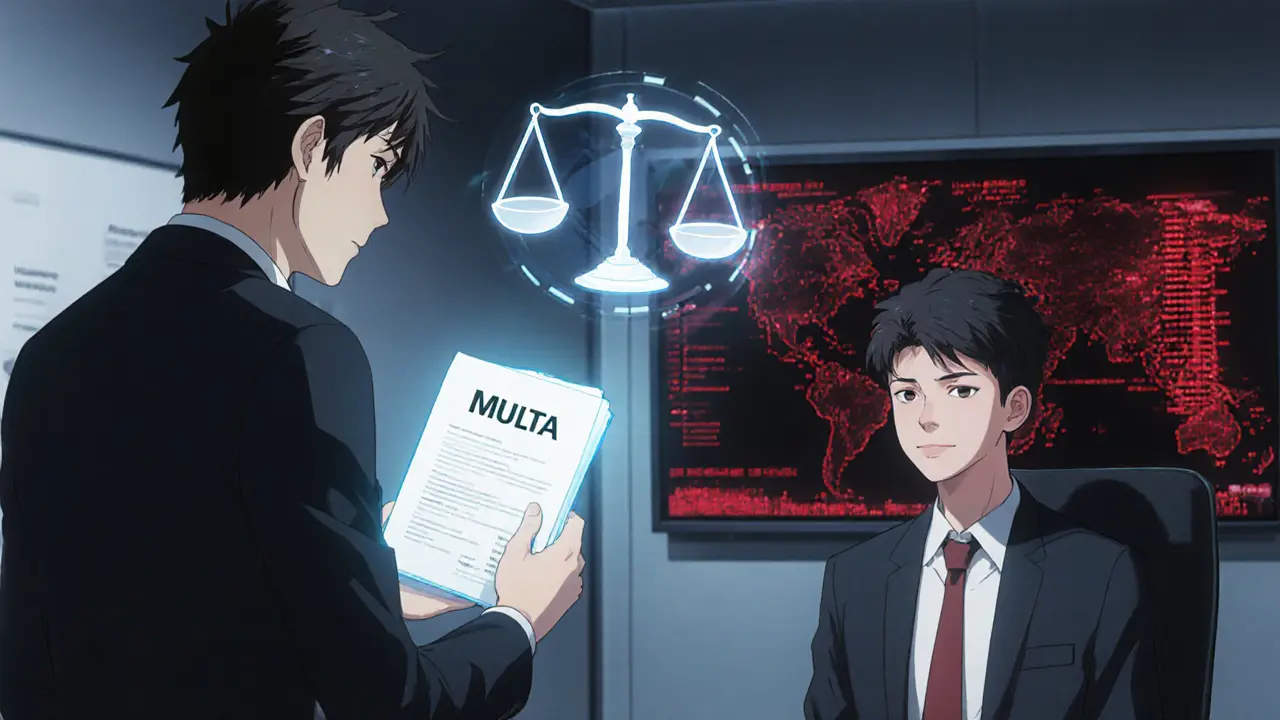 Imagen anime de un investigador financiero mostrando una multa a un usuario que usó wallet no registrado.