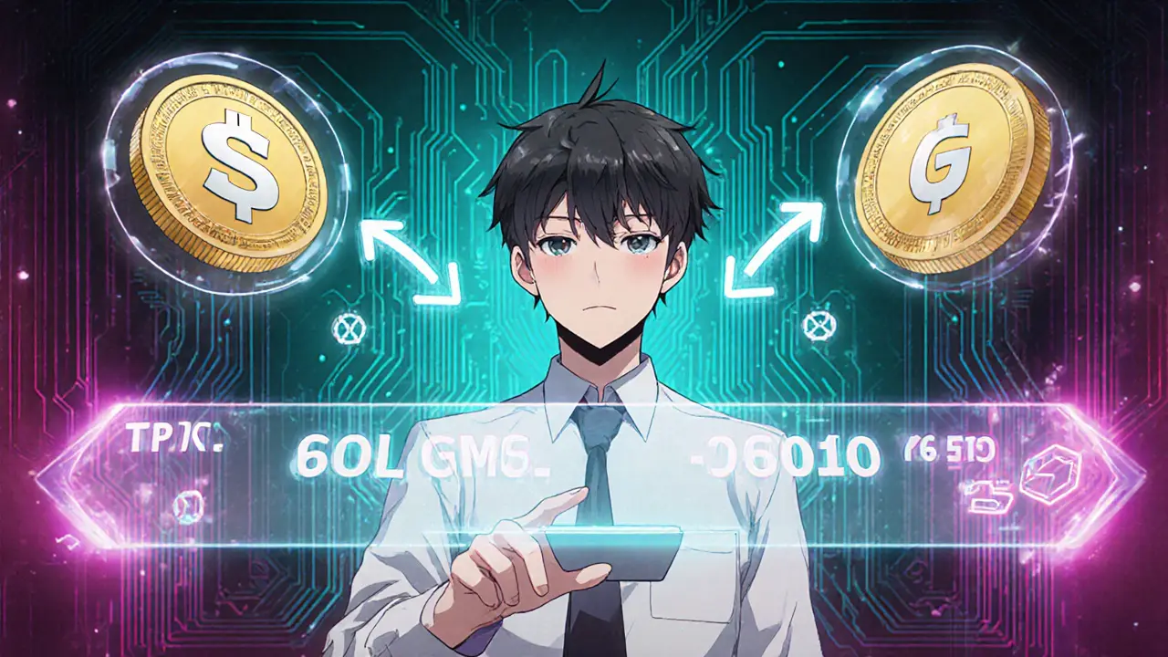 Joven anime intercambia SOL por GME Coin usando una interfaz holográfica de intercambio descentralizado.