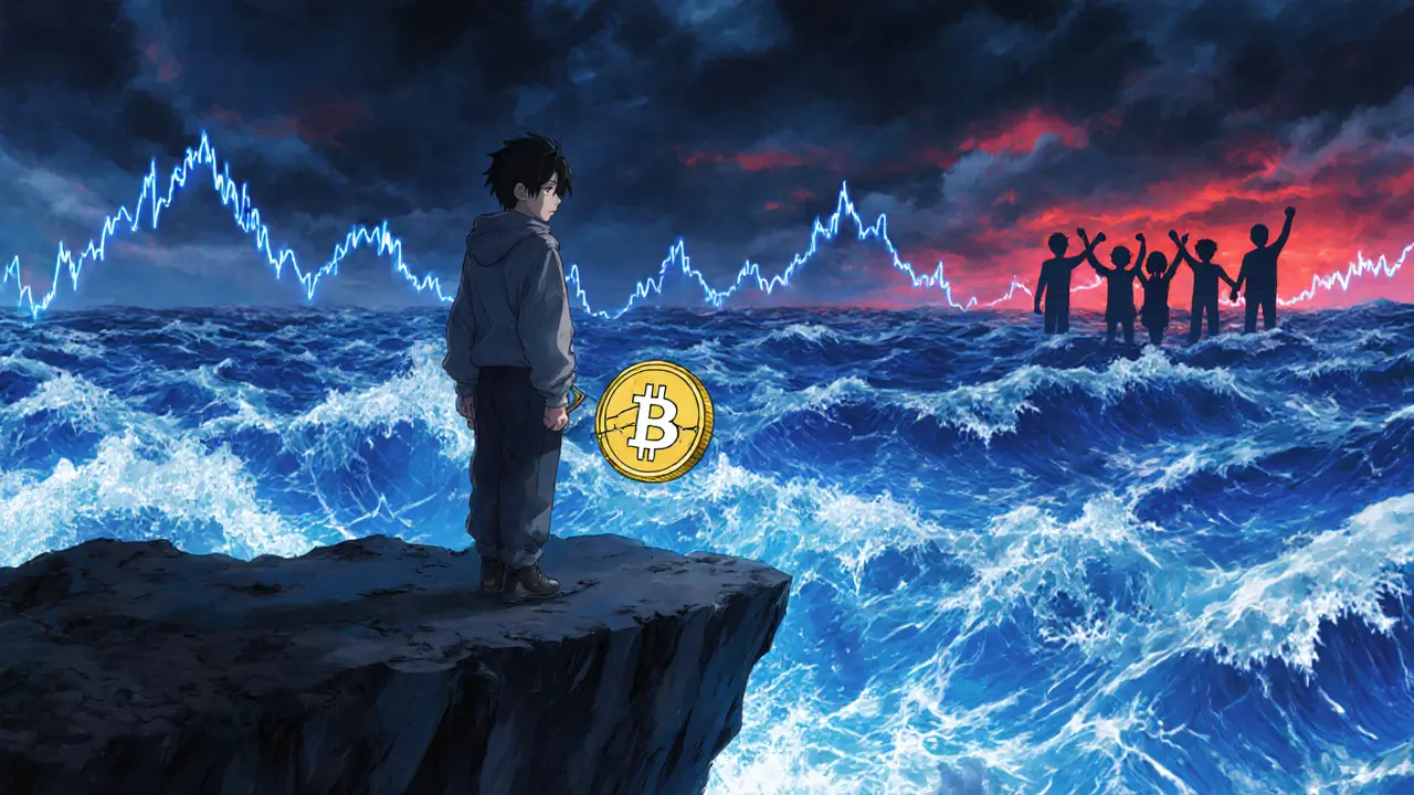 Personaje anime contempla un mar digital de ondas que simbolizan la alta volatilidad del GME Coin.