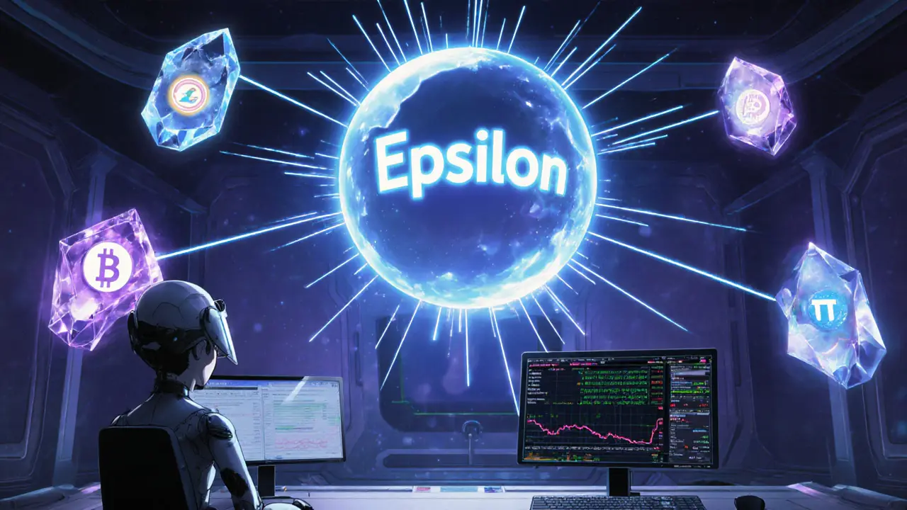 Representación de Epsilon conectando múltiples pools de liquidez en estilo anime.