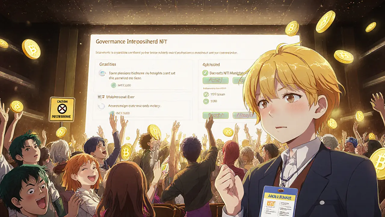 Reunión comunitaria anime con tokens BAKECOIN y votación de gobernanza.