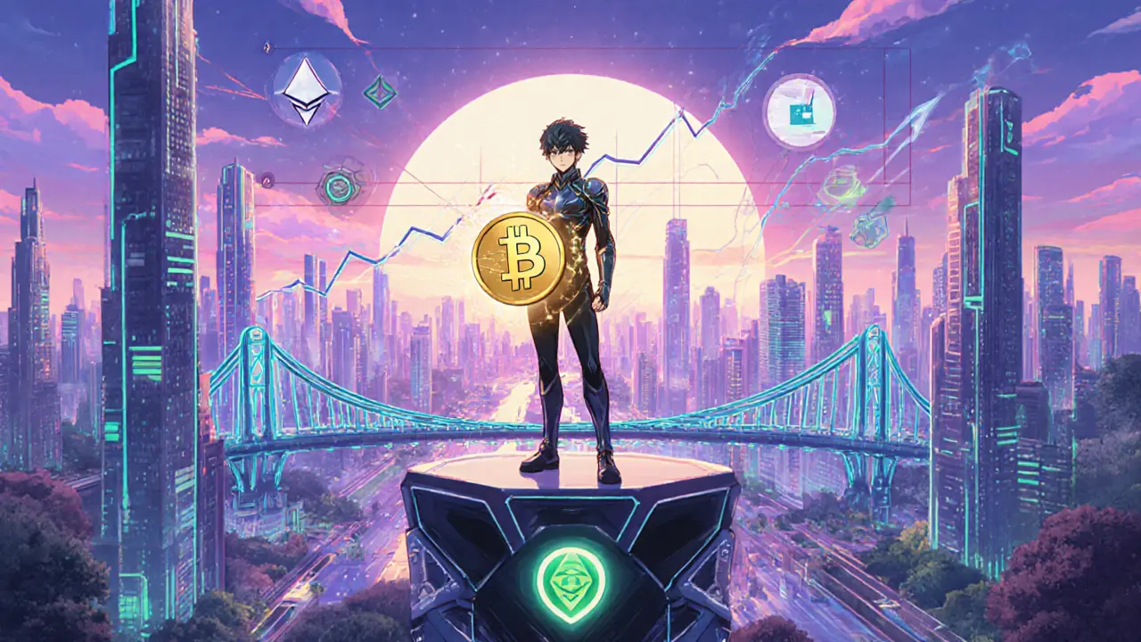 Visión futurista del token ALB y puente cross‑chain en estilo anime.