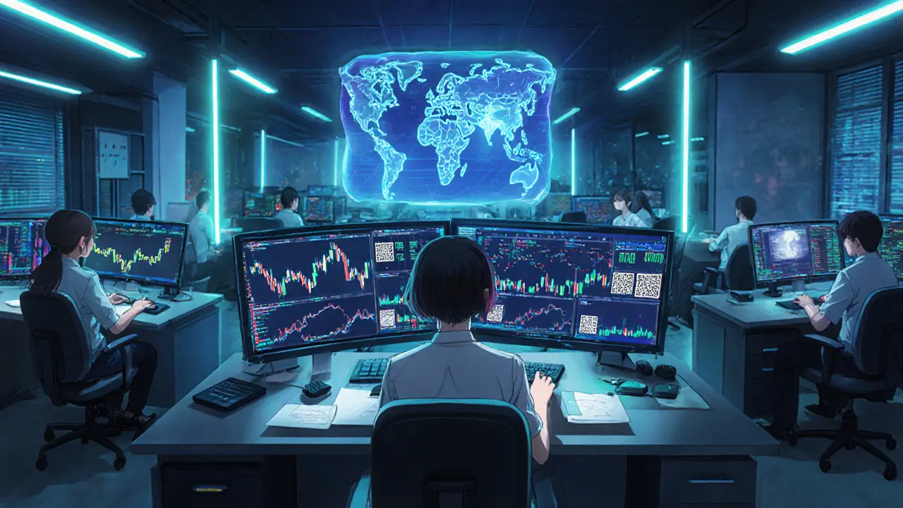 Analista de intercambio cripto revisa reportes XML en una oficina con pantallas de blockchain.