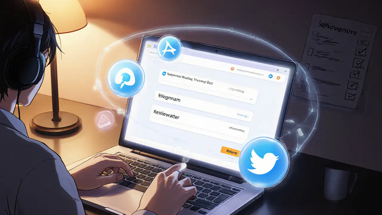 Anime muestra a usuario configurando wallet y conectándose a Telegram y Twitter