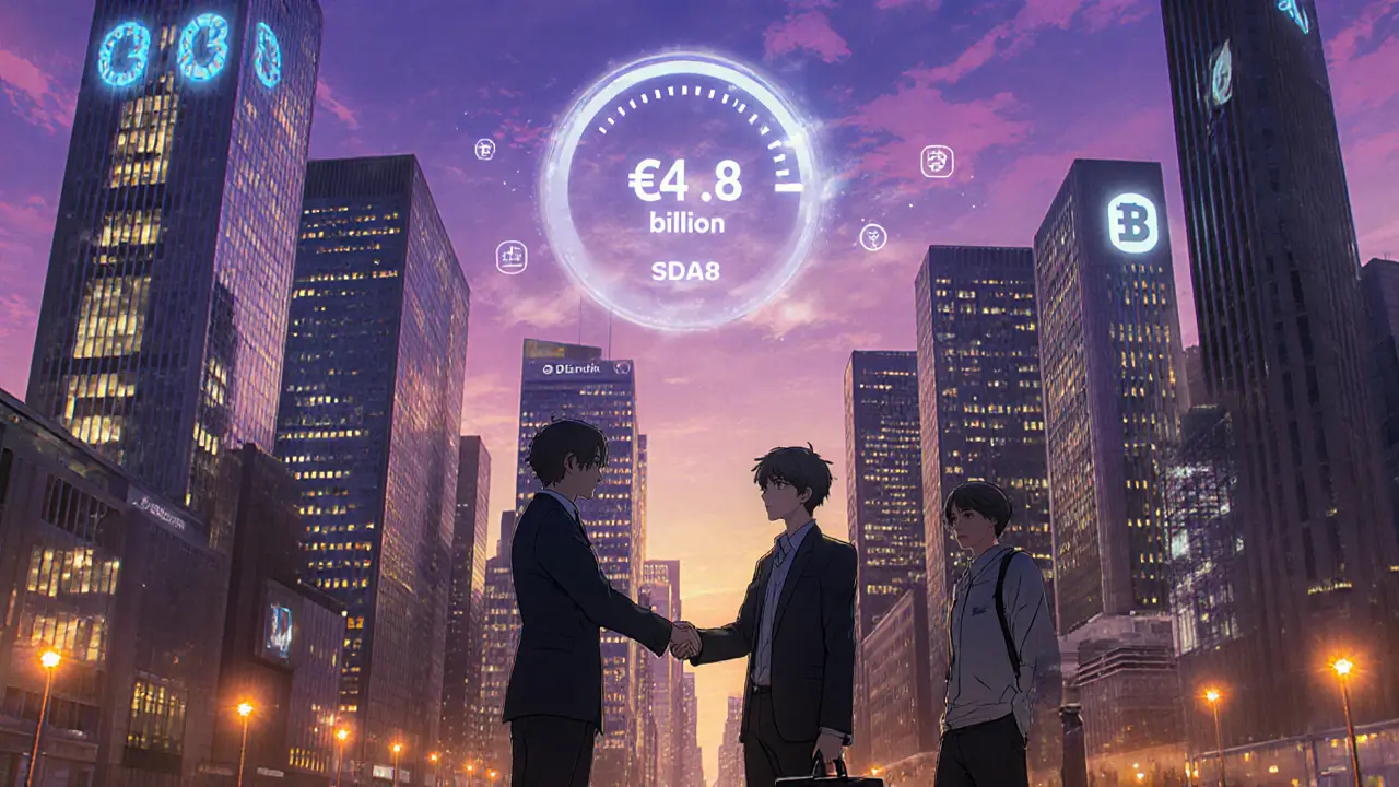 Ciudad de Frankfurt al estilo anime con bancos y custodios celebrando crecimiento.