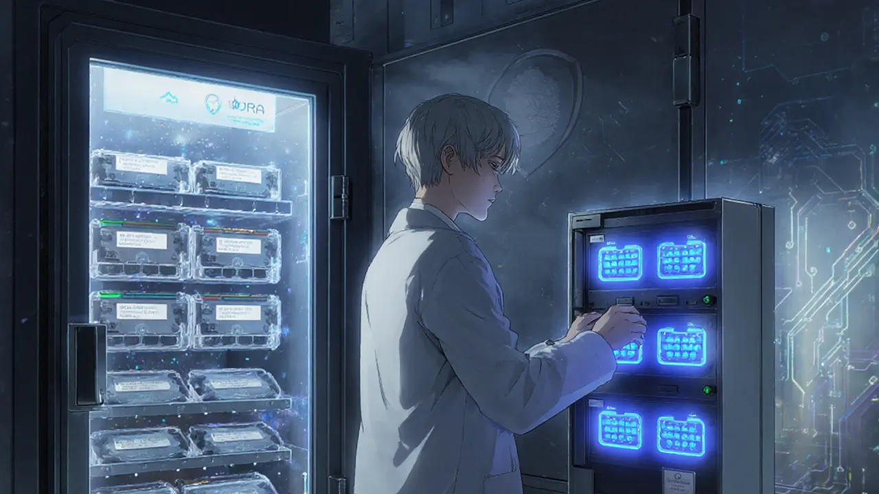 Escena anime de custodio frío con múltiples firmas y hardware seguro.