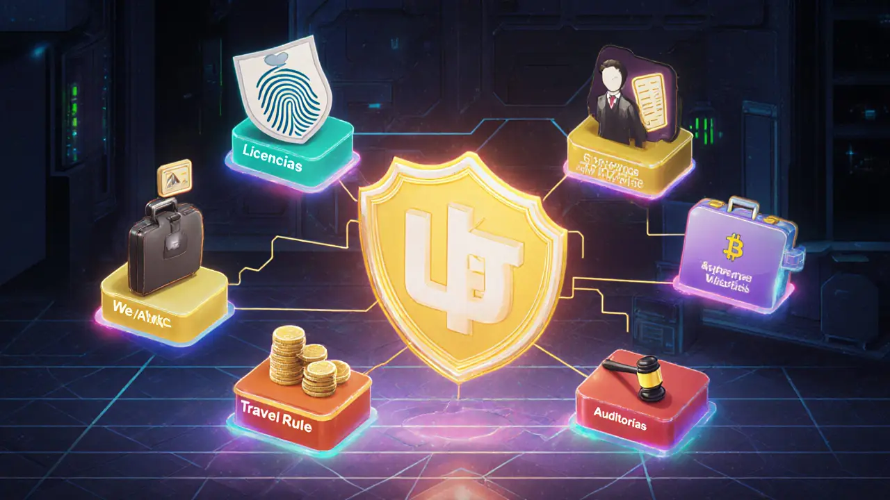 Iconos flotantes muestran categorías de gasto en cumplimiento alrededor de logo cripto.