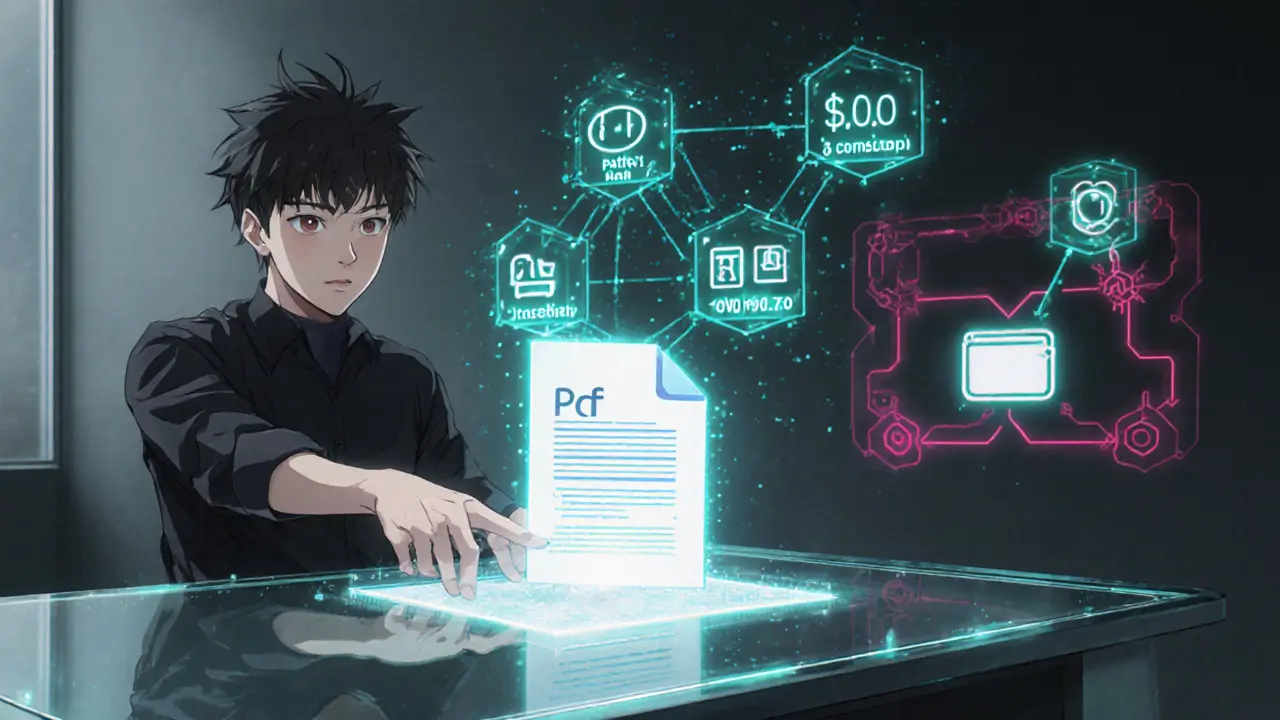 Interfaz de usuario anime donde un inventor sube un documento y el hash aparece en la cadena.