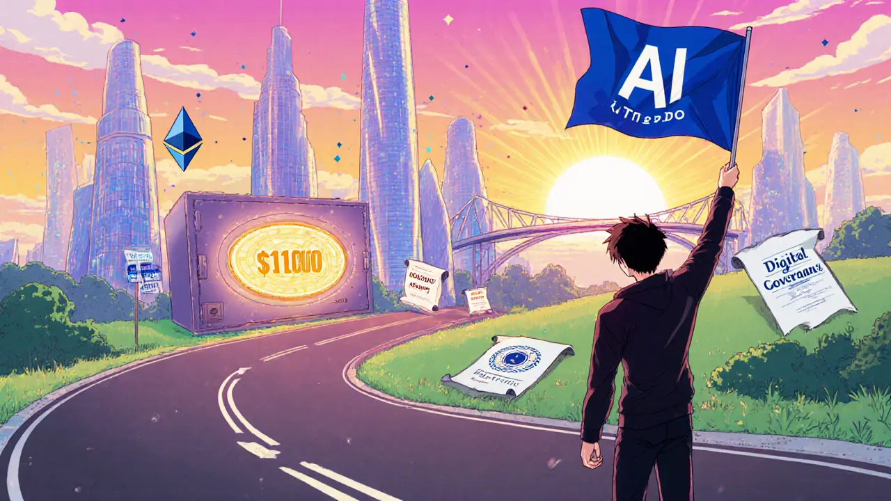 Línea de tiempo hacia 2030 con puentes multichain, IA y gran bóveda de  billón, estilo anime.