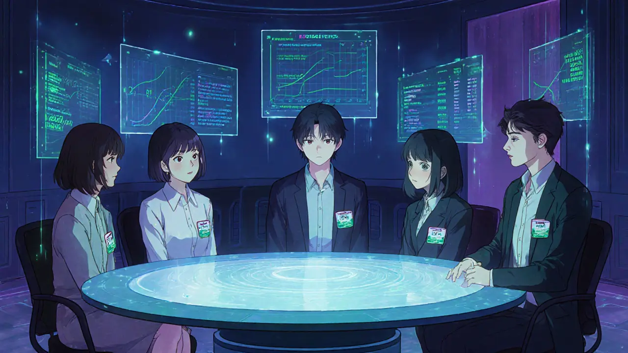 Sala de consejo DAO con avatares mostrando votación cuadrática, reputación e IA, estilo anime.