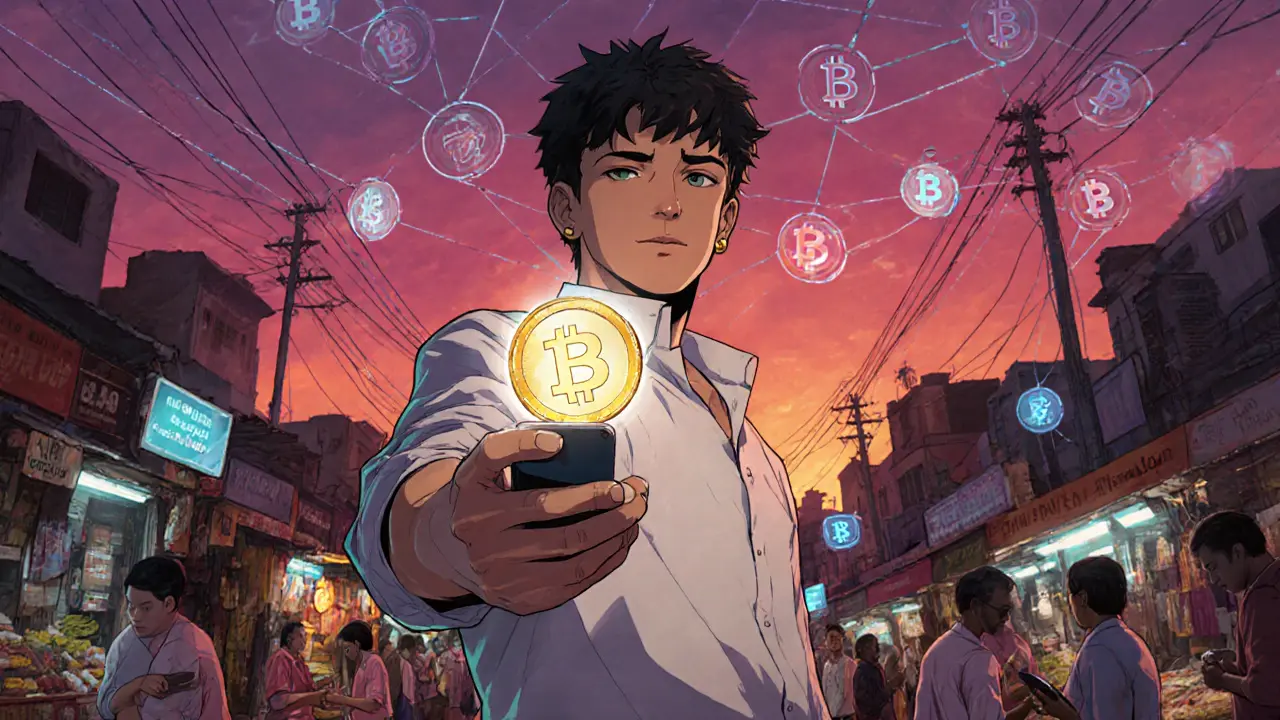 Usuarios en India usan criptomonedas bajo un cielo lleno de símbolos de blockchain.