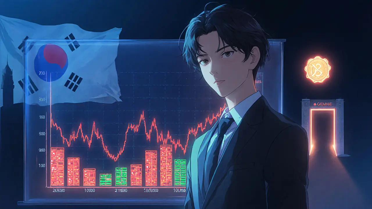 Analista anime frente a un holograma de precios volátiles de GM, con símbolos de regulación y DAO.