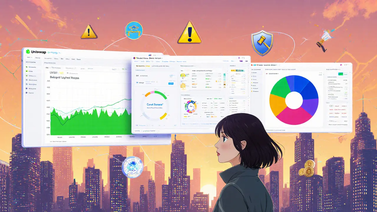 Collage anime de Uniswap, Curve y Balancer con un trader y símbolos de riesgo y regulación.