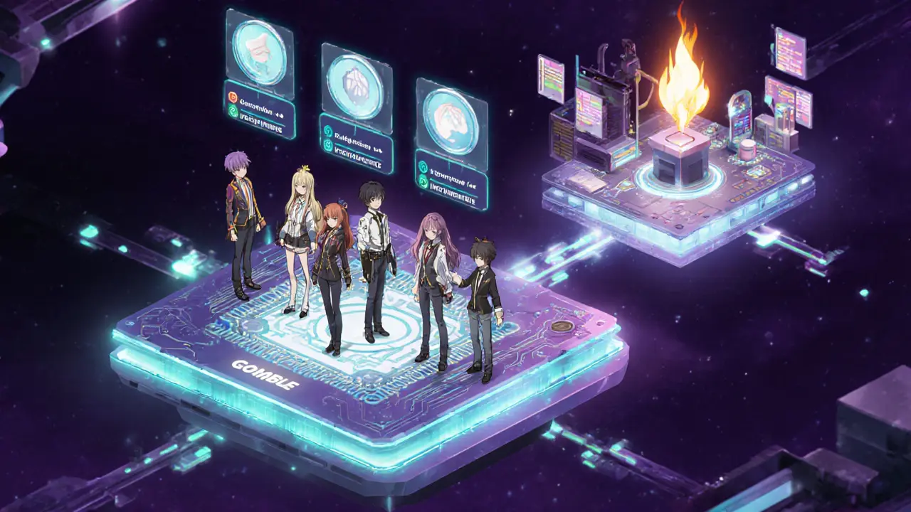 Escena anime con un squad, capa PoSQ y estudio GOMBLE BUILDERS conectados en plataformas flotantes.