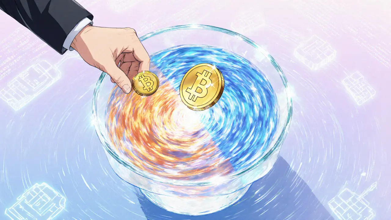 Escena anime de un pool de liquidez con dos tokens combinándose y un LP‑token brillante.