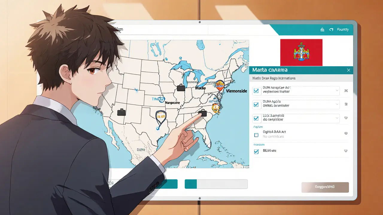 Escena anime que muestra a fundadores eligiendo jurisdicciones US y Malta para registrar una DAO.