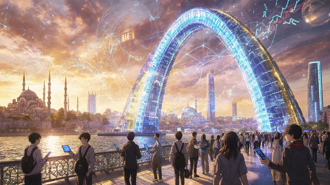 Futuro de Estambul con un portal de cripto, traders y hologramas de gráficos sobre el horizonte.