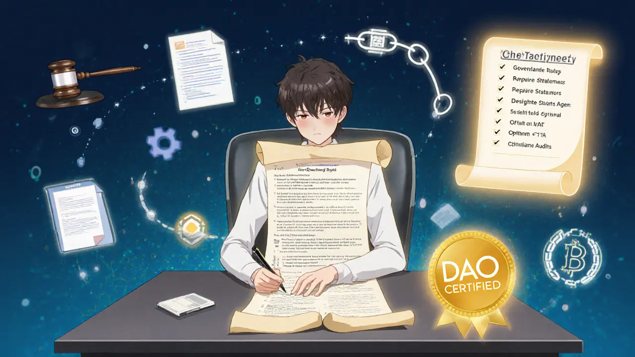 Imagen anime del proceso paso a paso para registrar legalmente una DAO.