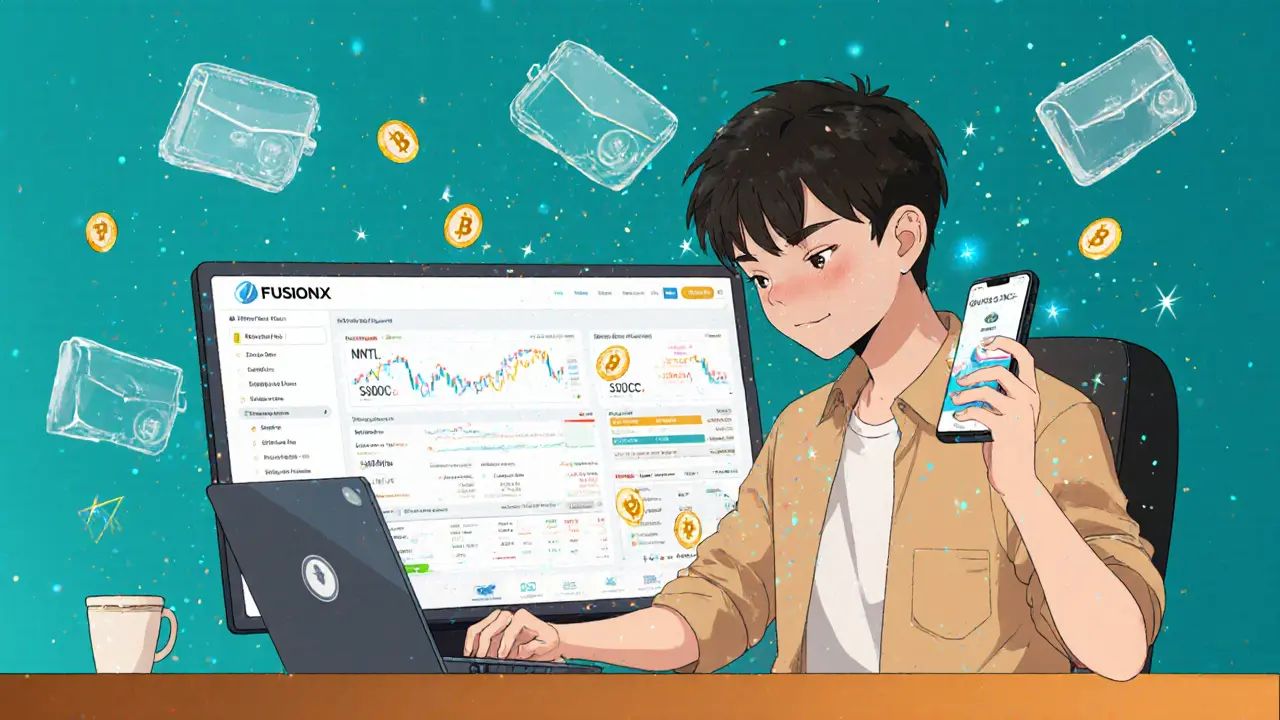 Trader anime intercambiando MNTL, USDT y otros tokens en FusionX v3 sin tarifas ni gas.