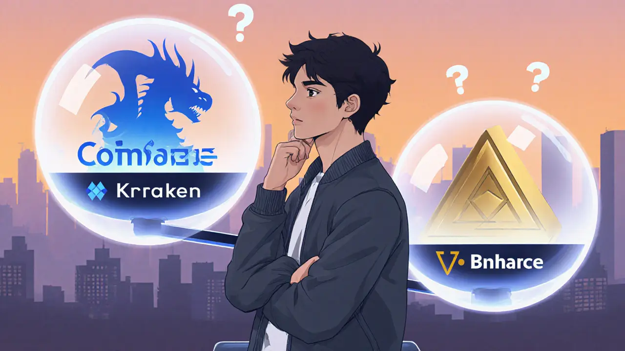 Trader pensativo comparando EXX con Coinbase, Kraken y Binance en una balanza.
