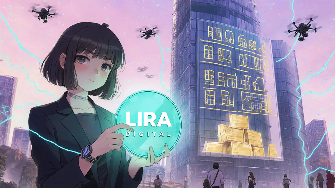 Escena futurista de la Lira Digital y tokenización de activos en estilo anime.