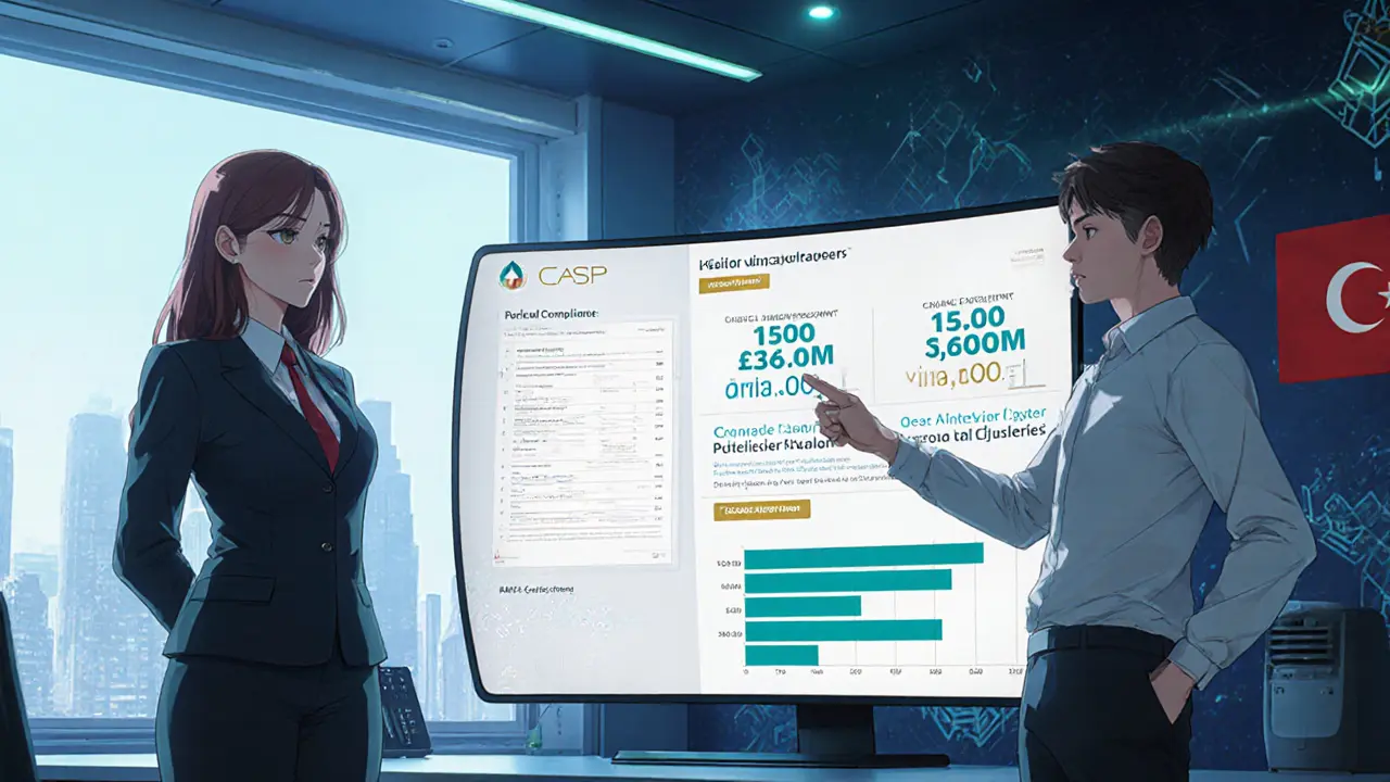 Oficina de cumplimiento de un exchange turco mostrando KYC y métricas de capital.
