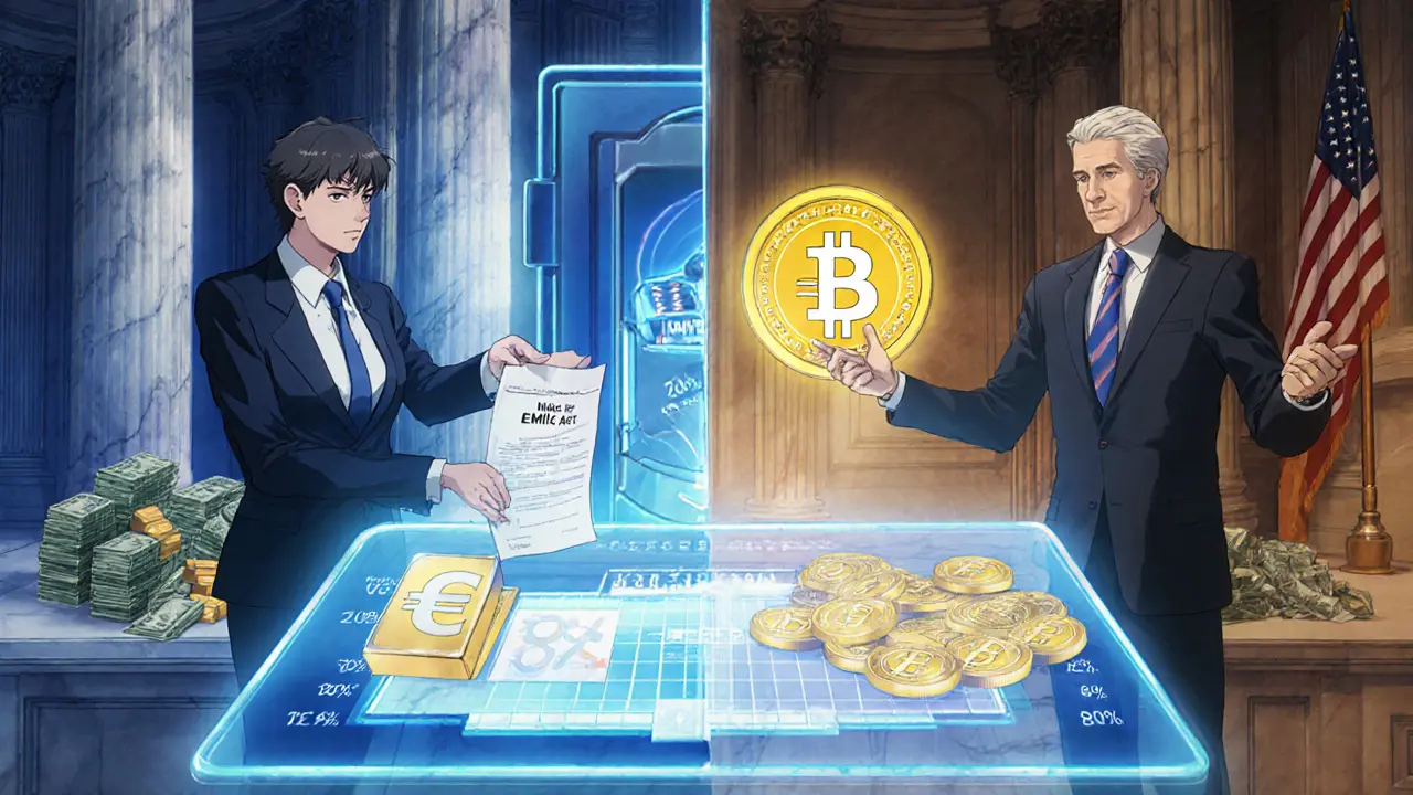 Comparación visual de MiCA y GENIUS Act con reguladores, reservas y tokens distintos.