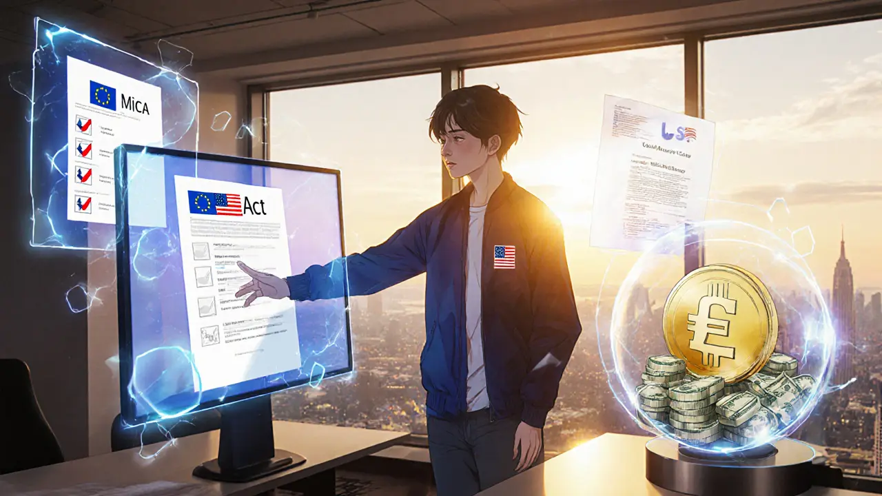 Emprendedor blockchain revisando checklists de MiCA y GENIUS Act frente a un globo simbólico.