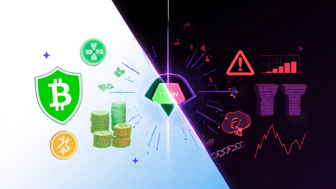 Escena dividida que contrapone exchanges seguros con escudos y 2FA frente al ominoso logo de TYSLIN y alertas rojas.