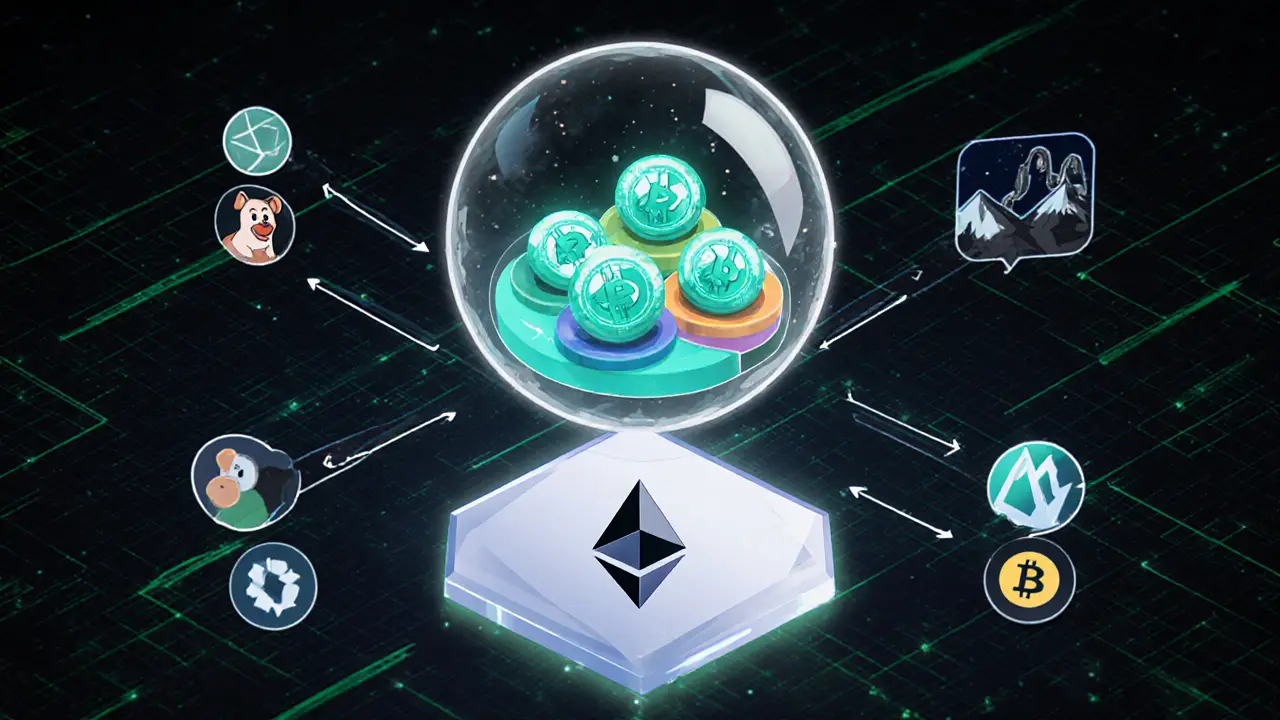 Esfera de cristal muestra tokens AMP y conexiones a múltiples blockchains.