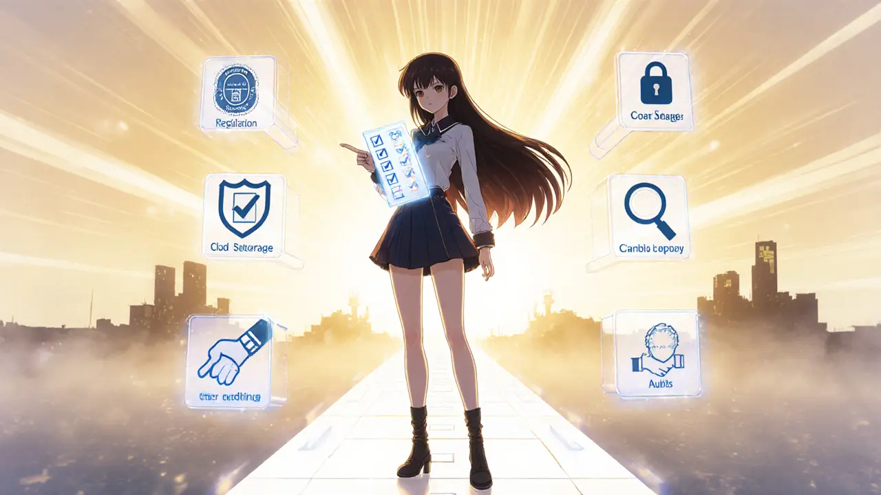 Heroína sostiene lista de verificación de seguridad mientras avanza por un camino iluminado hacia exchanges confiables.