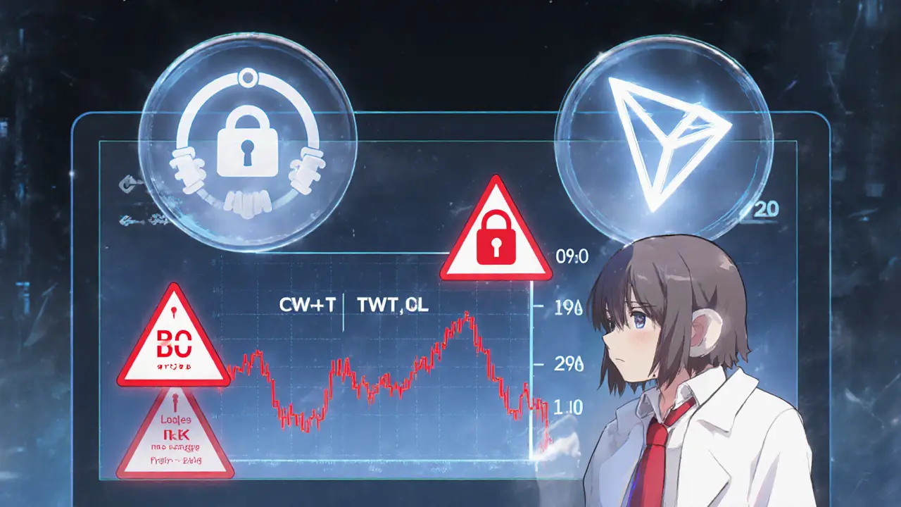 Personaje anime frente a holograma de precio CWT bajando, con símbolos de riesgo y logos BSC/Tron.