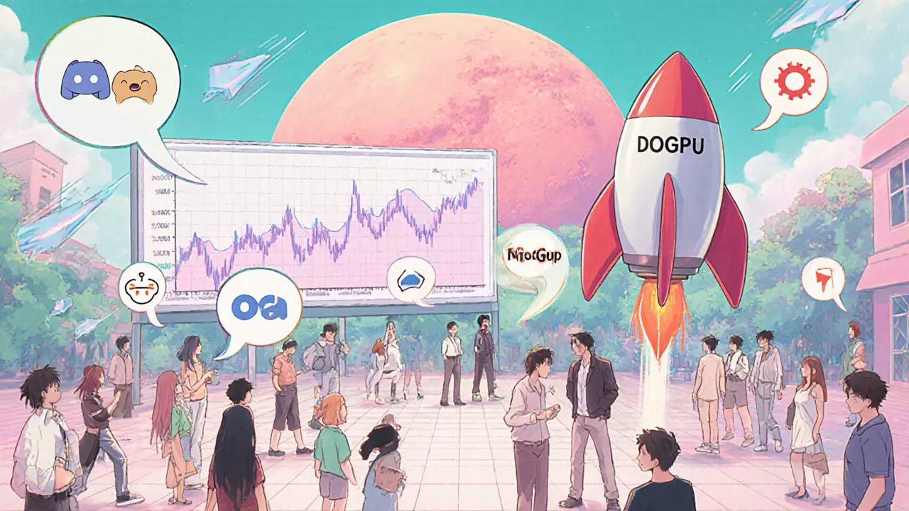 Plaza virtual con avatares, iconos de Discord y un cohete DOGPU apuntando a Marte.