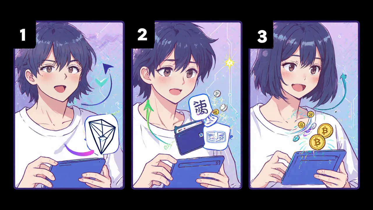 Secuencia de tres paneles anime muestra descargar la app, conectar wallet y hacer un swap.