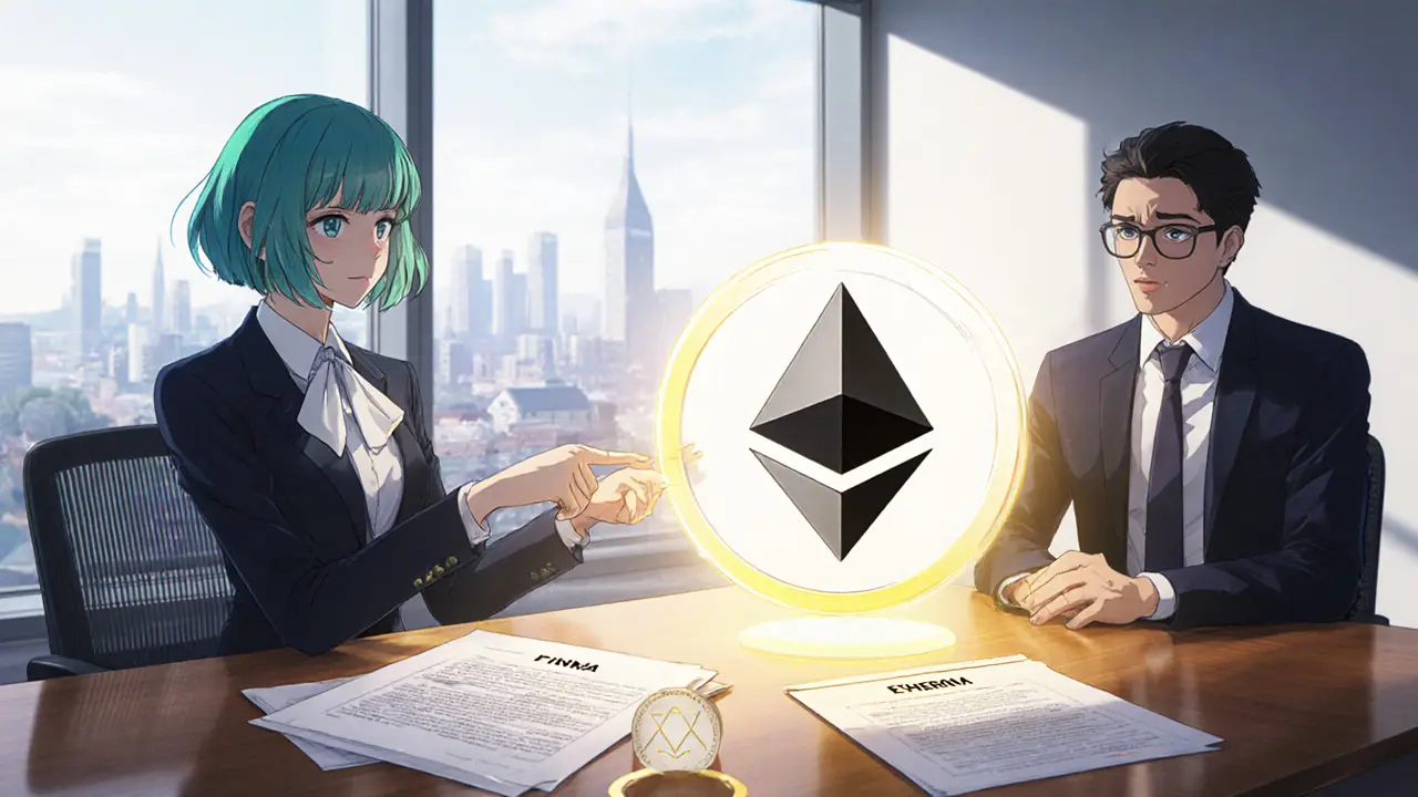 Abogada y fundador revisan documentos DLT y sello FINMA sobre una mesa futurista.
