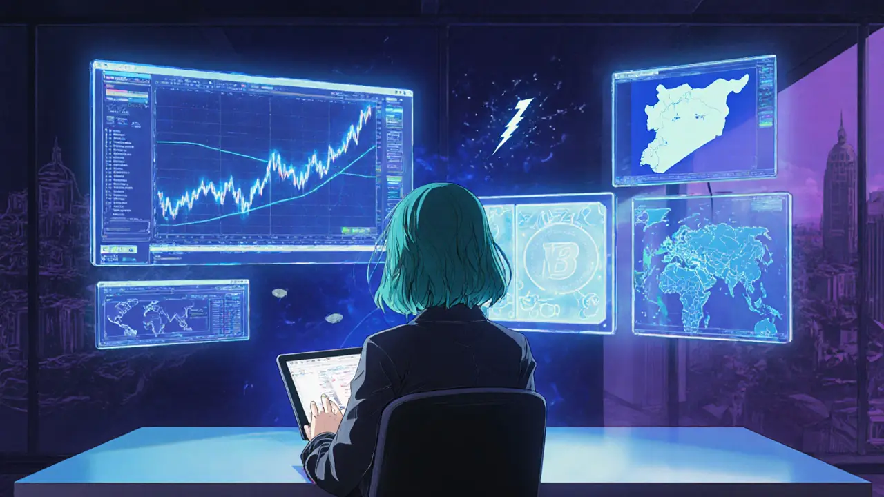 Analista fintech en oficina moderna revisa pantallas holográficas de cripto y red Lightning mientras mira un mapa brillante de Siria, estilo anime.