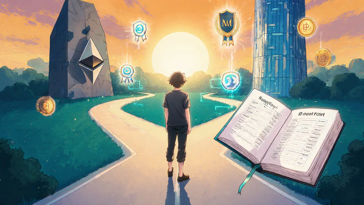 Artista anime en encrucijada entre Ethereum y Hedera con íconos de regalías.