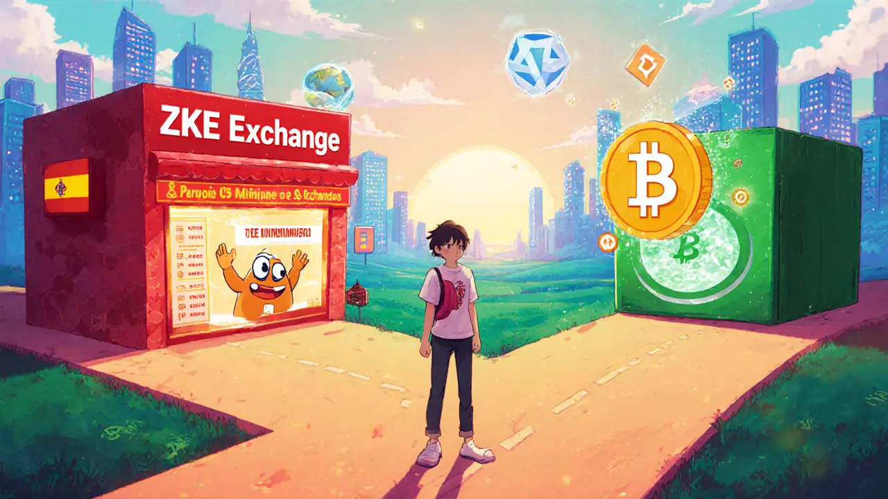 División anime muestra a un trader eligiendo entre ZKE Exchange y una wallet descentralizada.