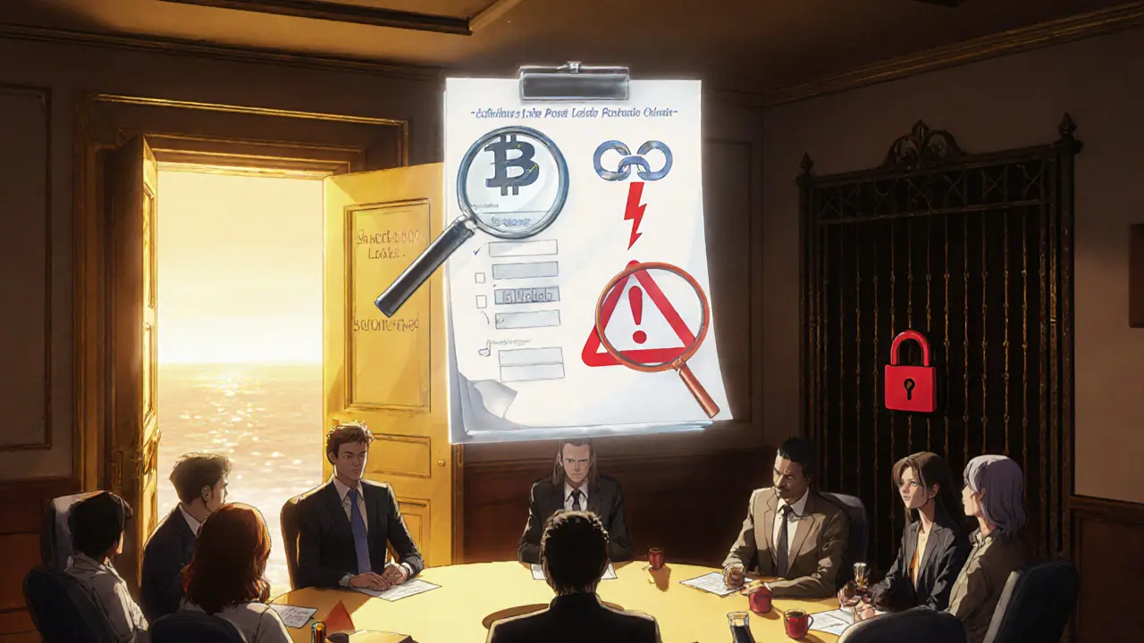 Equipo diverso revisa una lista flotante de cumplimiento con símbolos de sanciones, blockchain y una puerta dorada a Siria, y una puerta cerrada a Cuba, estilo anime.