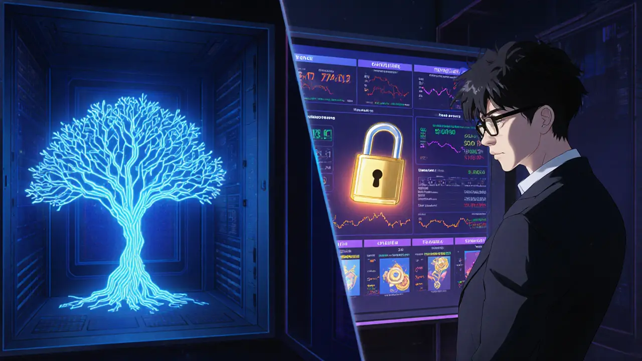 Escena anime de seguridad: árbol Merkle y candado, mostrando custodio y trading de futuros y NFT.
