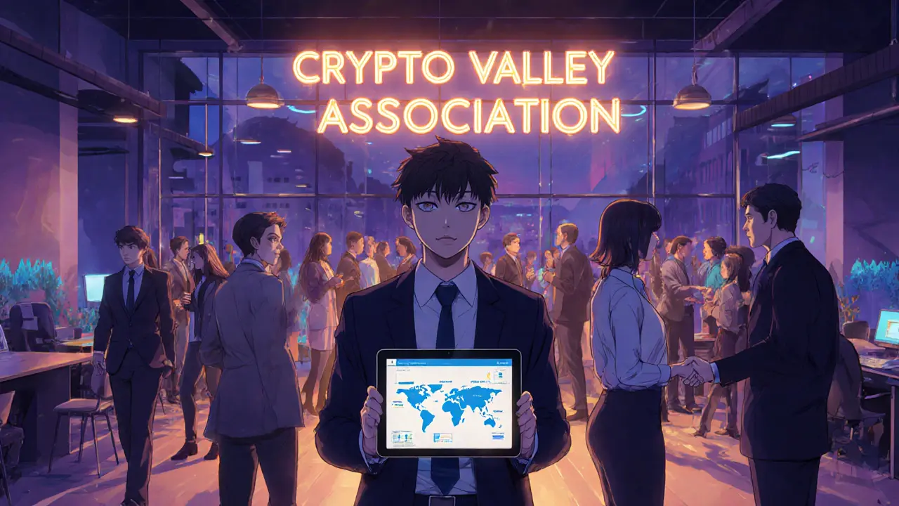Evento nocturno en Impact Hub con networking de cripto bajo luces neón.