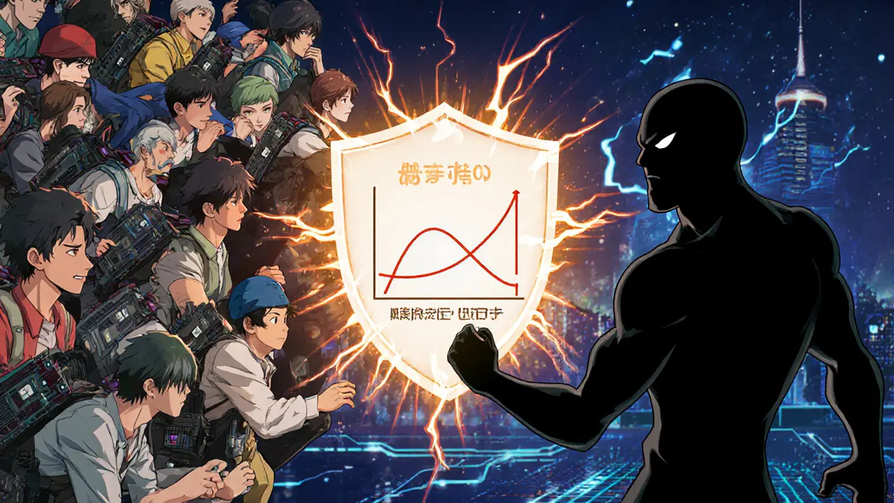 Mineros anime unidos protegen la red de un atacante del 51% con escudo energético.