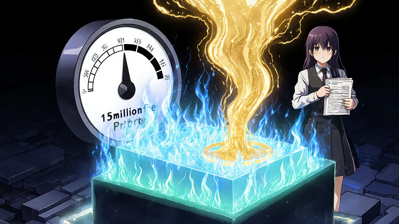 Tarifa base ardiendo y propina yendo al validador en una transacción blockchain anime.