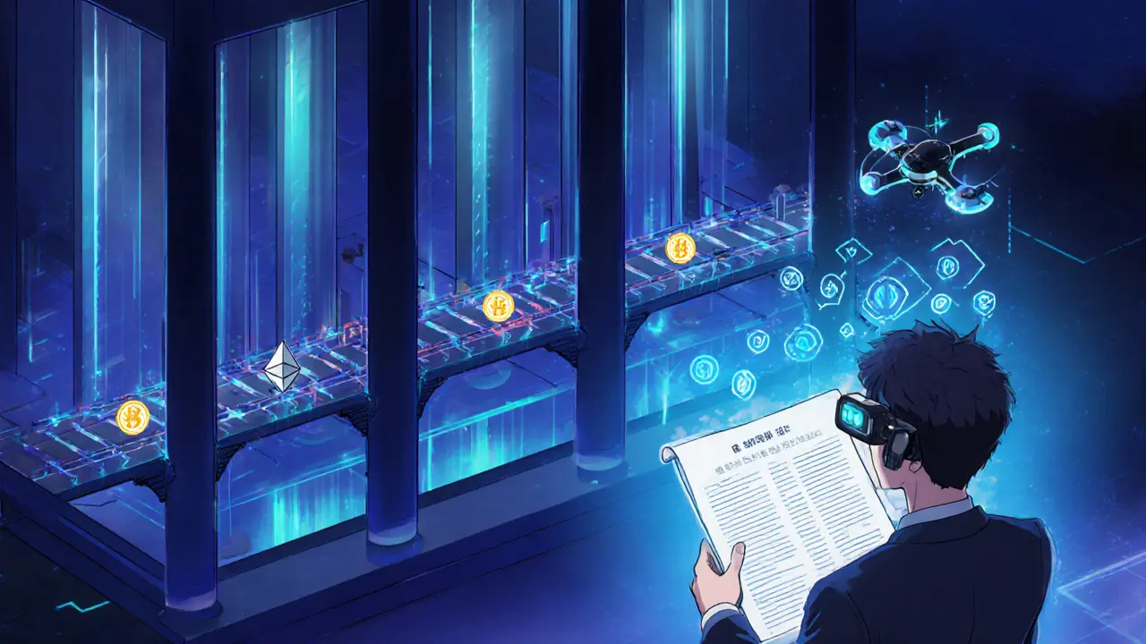 Banco DeFi futurista con puentes cross‑chain y figura reguladora revisando.