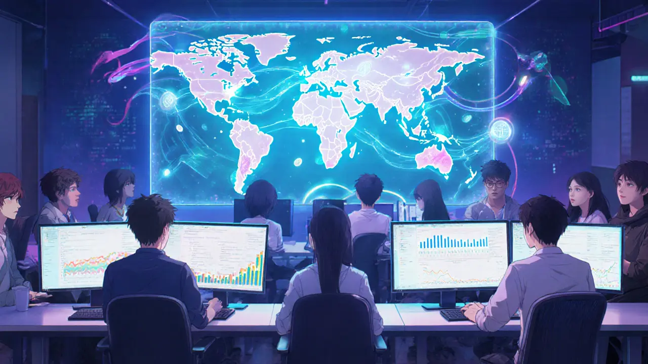 Espacio de trabajo tecnológico con hologramas de datos cripto y programadores jóvenes.