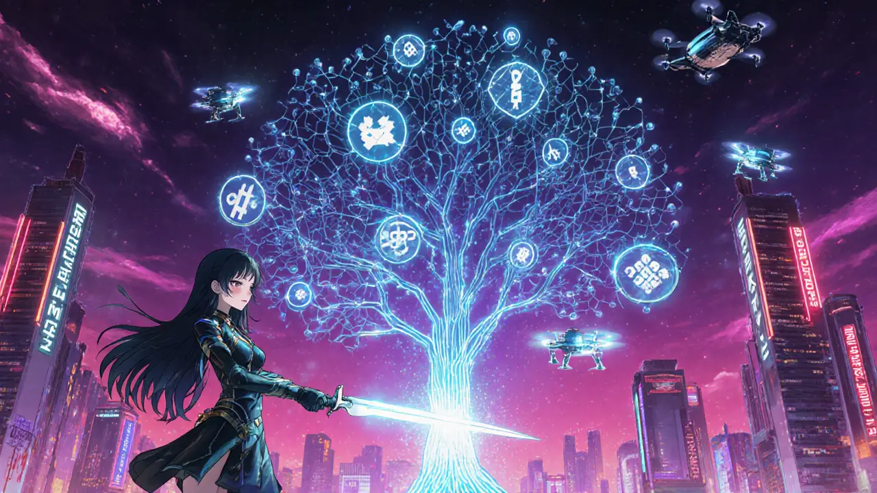 Futuro de árboles Merkle en ciudad futurista, con pruebas cuánticas y rollups.